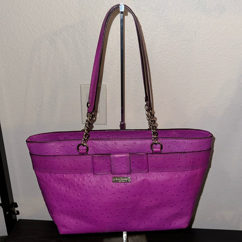 Kate Spade Rose Avenue Embossed Ostrich Leather Bow Tote Bag Baja Rose Purple - Picture 4 of 16